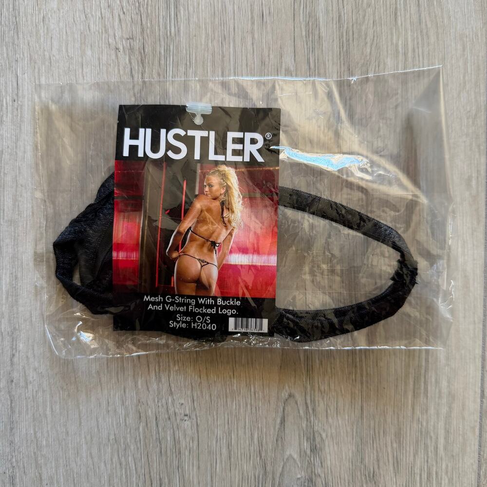 Hustler Black Mesh G-String Thong Buckle Velvet Flocked Logo One Size NWT Sexy
